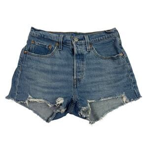 LEVIS 501 Shorts Womens Size 27 Blue Button Fly High Rise Distressed Denim
